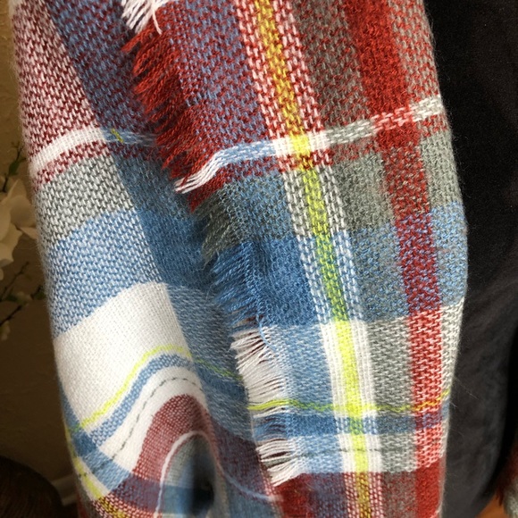 Plaid Blanket Scarf White Blue Gray Lime Green Red - Picture 3 of 7